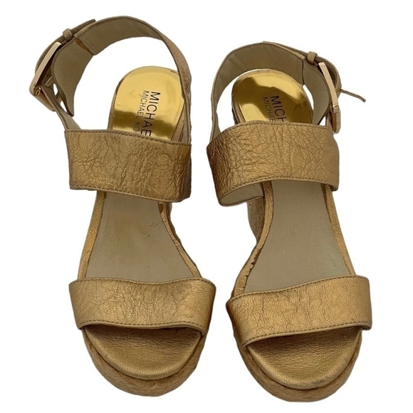 MICHAEL KORS Gold Posey Wedge Sandals Espadrille Platform Leather Pale Sandals - Picture 6 of 11